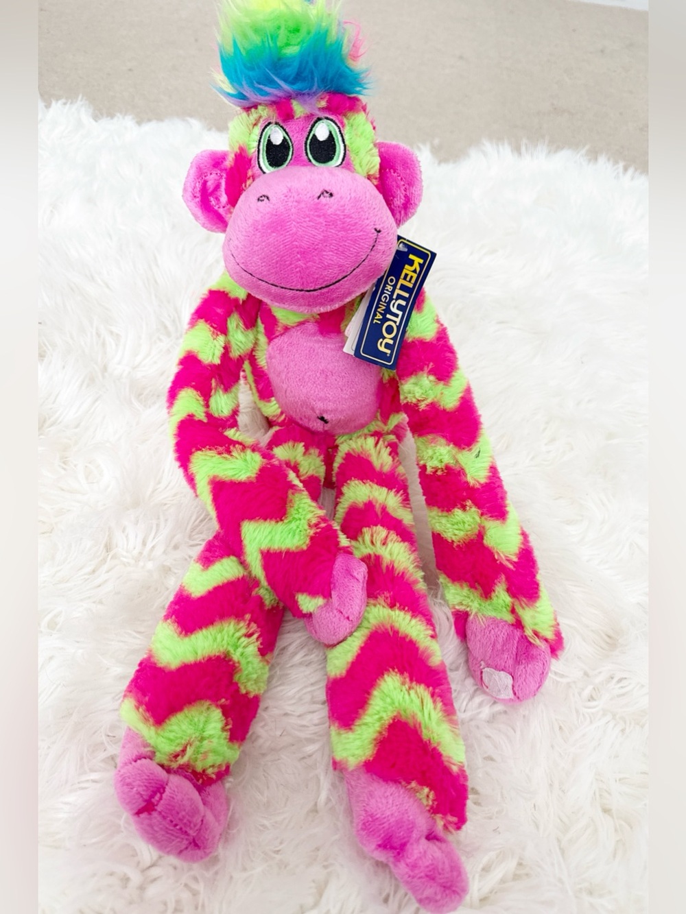 Kellytoy Pink and Neon Green Zigzag Plush Monkey